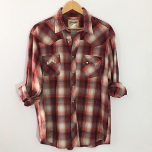 VTG Wrangler Western Red Plaid Shirt Pearl Snaps MENS XLarge